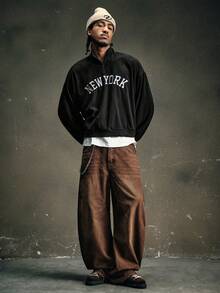 AXEPEAK Men's Fall/Winter Fleece Pullover Sweatshirt With Zipper And New York Embroidery,Fleece - Black - View 3