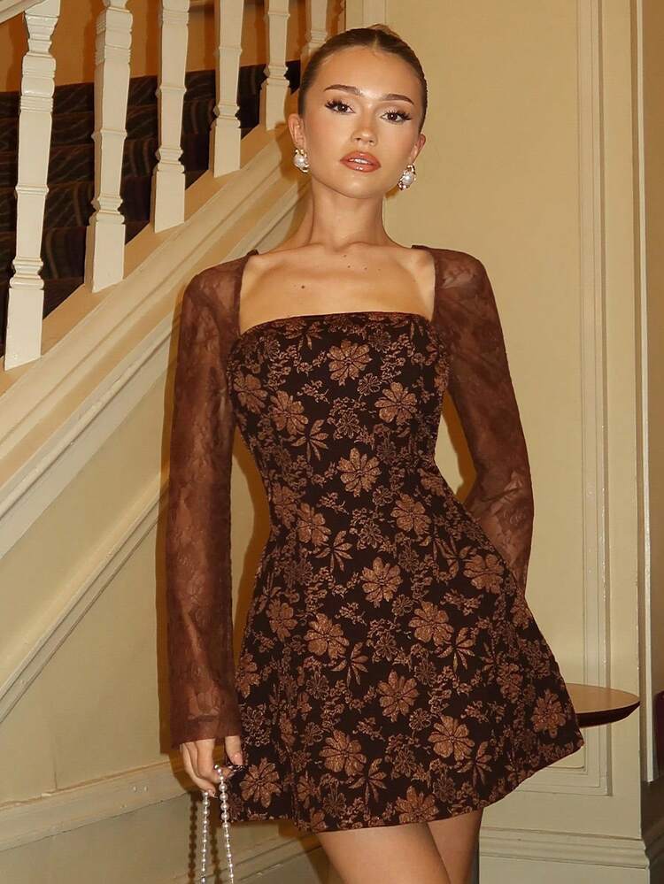 Glamine Charm Women's Brown 3D Textured Jacquard & Contrast Lace Cinched Waist A-Line Dress, Elegant Holiday Party Christmas Halloween Dress, Women's Brown Dress Fall Dress Dinner Date Dress Autumn Dress Brown Short Dress Coffee Brown Dress - Brown - View 6