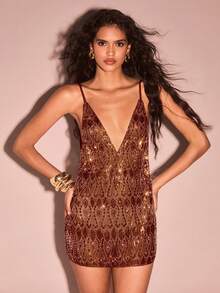 Glamine 性感亮片装饰迷你连衣裙，适合派对、夜总会和郊游 - 棕色 - 查看 5
