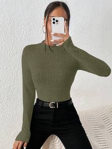 SHEIN Frenchy Mock Neck Ribbed Knit Textured Fabric Tee Winter,Fall,Fall Clothes For Women Green Christmas Casual Spring - Army Green - View 6