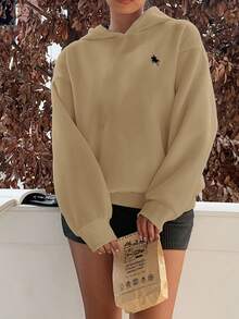 SHEIN Leap Crew Tween Girls' Casual Minimalist Thermal Lined Loose Fit Long Sleeve Sweatshirt, Suitable For Autumn/Winter - Camel - View 4
