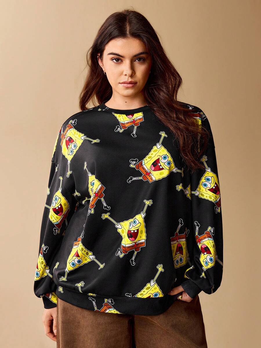 SpongeBob SquarePants | SHEIN Plus Size Cartoon Pattern Black Crew Neck Long Sleeve Pullover Sweatshirt Fall Top 90s - Black - View 1