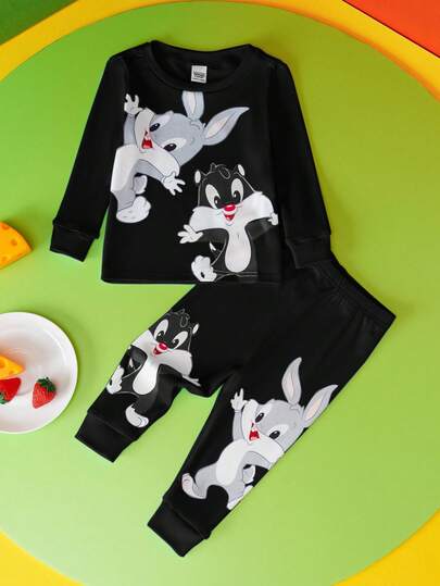 LOONEY TUNES X SHEIN Baby Boy Cute Cartoon Animal Print Long Sleeve T-Shirt And Pants Snug Fit Pajama Set