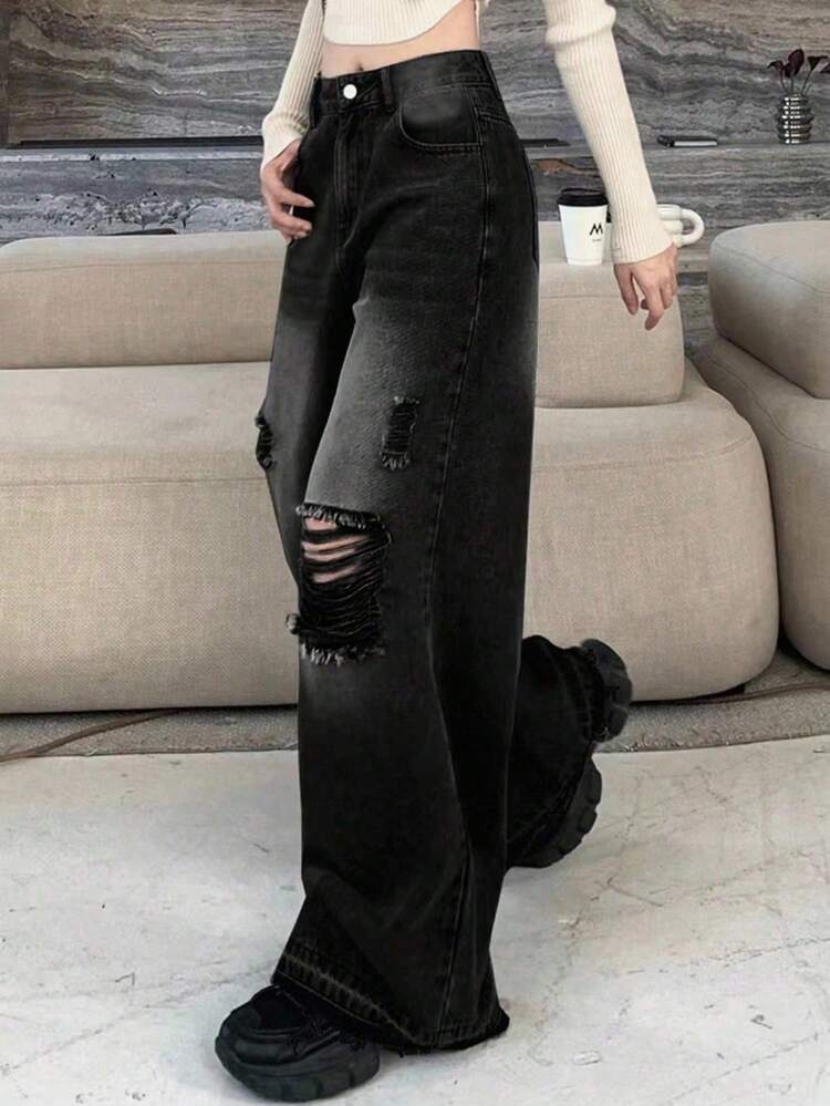 Women's Button Front Pocket Distressed Wide Leg Jeans, Casual Everyday