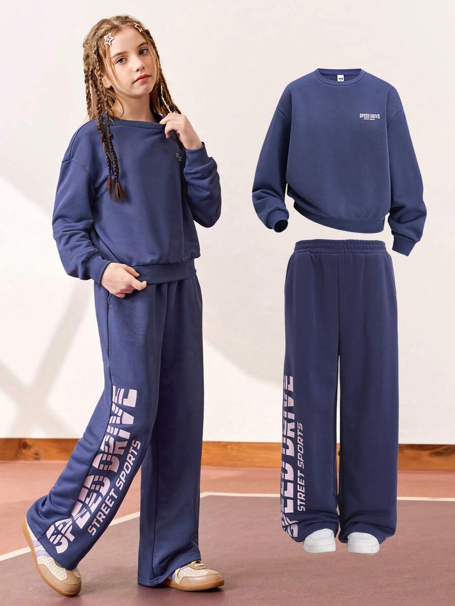 JNSQ 青少年女孩两件套服装 - 宽松图案字母印花长袖运动衫 + 长款运动裤套装,适合秋冬日常穿着、户外活动、度假、街头服饰、派对和休闲 - 藍色 - 查看 1