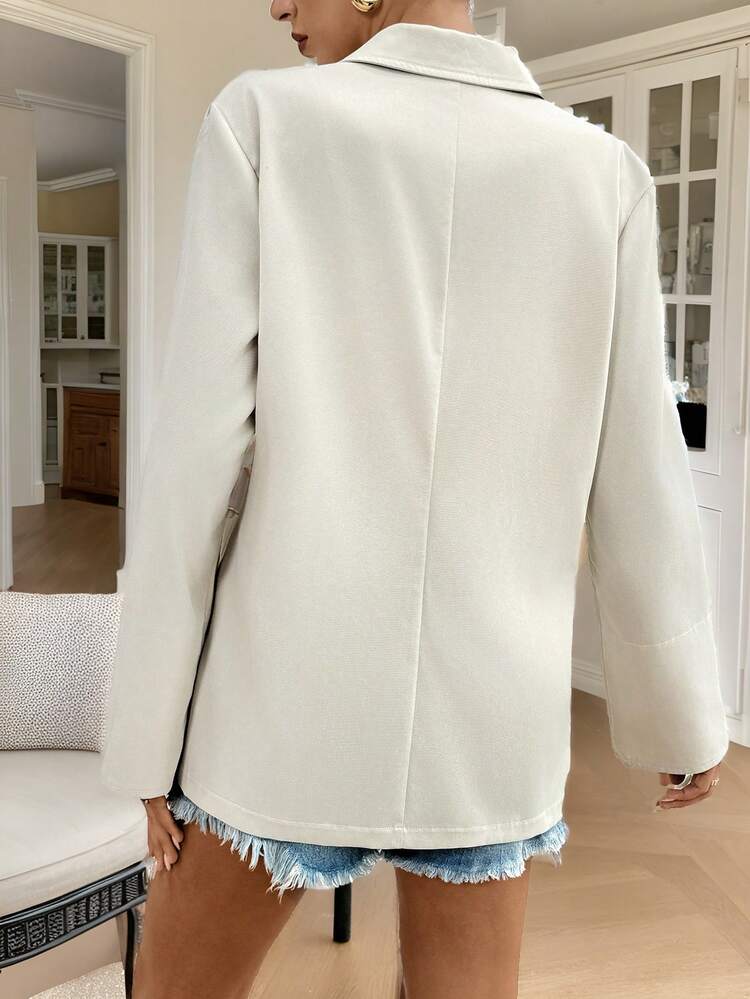 SHEIN Frenchy 女式條紋袖口拼接釦扣優雅休閒襯衫領西裝外套 - 灰色 - 查看 2