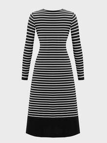 Tween Mädchen) Lässiges, elegantes, schlichtes Pendler-Kleid für Herbst/Winter mit gestreiftem Patchwork, Schlitz und langem Strick-Schnitt - Schwarz - Übersicht 7