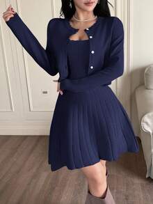 Feyla 女士宽松针织连衣裙和开衫两件套，秋冬毛衣连衣裙套装 - 藏蓝色 - 查看 5