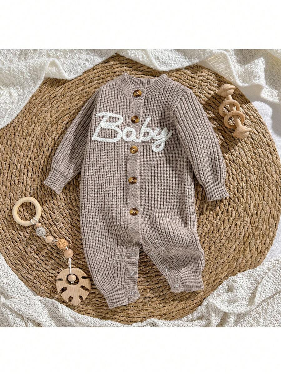 Loomiva Newborn Baby Boy/Girl Letter Pattern Knit Soft Round Neck Long Sleeve Jumpsuit - Multicolor - View 1