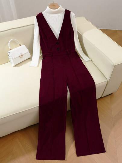 SHEIN Franclia 秋冬季休闲灯芯绒直筒修身连体裤