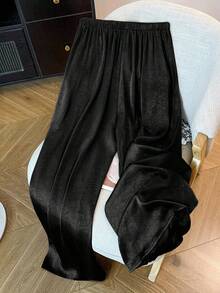 SHEIN Tall CURVE 大码女式宽松舒适阔腿裤，专为高挑丰满身材设计，采用醋酸纤维面料制成。 - 黑色 - 查看 2