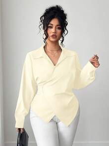 Elenzga Áo cánh tay dài thanh lịch viền bất đối xứng màu trơn cỡ lớn dành cho nữ - Màu be - Xem 1