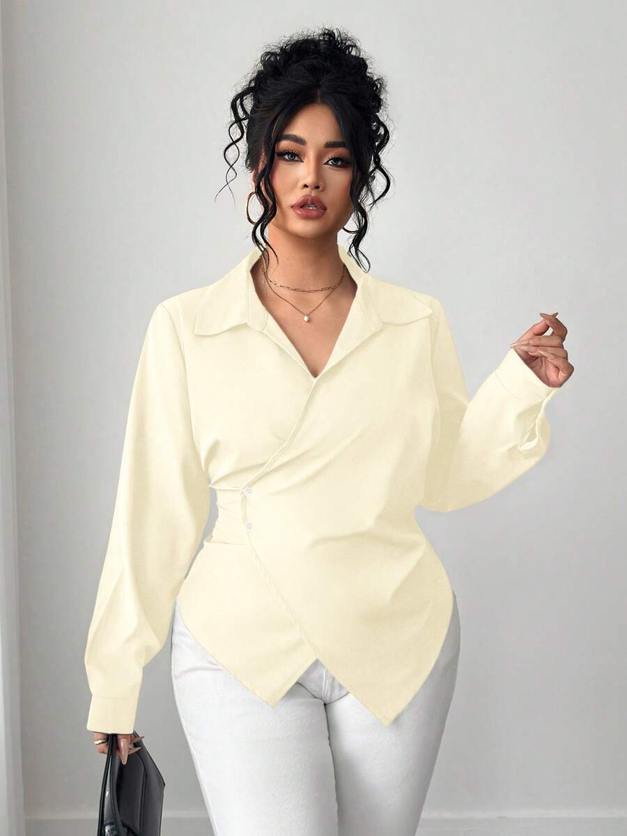 Elenzga Áo cánh tay dài thanh lịch viền bất đối xứng màu trơn cỡ lớn dành cho nữ - Màu be - Xem 1