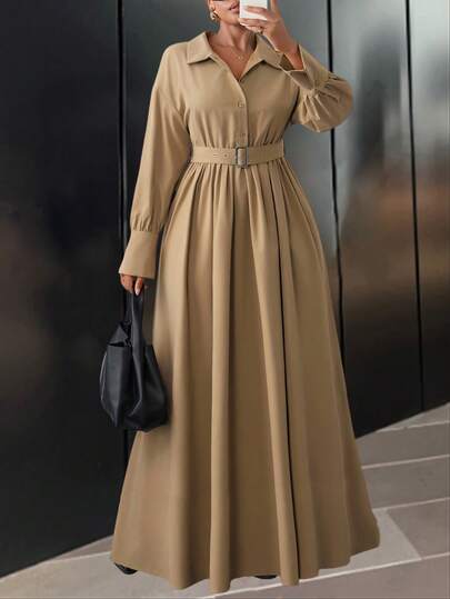 Veslaya 2025大码女装冬季纯色卡其色纯色衬衫款式长袖系带长连衣裙，适合街头风/圣诞装/新年装/办公室/女士机场装/钩针/日常装/通勤/女士优雅装/女士感恩节装/机场装