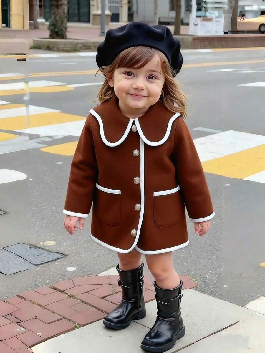 Souflis Souflis Jaket Mantel Anak Perempuan Kasual Modis Serbaguna Bergaya Retro Elegan dengan Warna Kontras, Cocok untuk Pemakaian Sehari-hari di Musim Gugur dan Musim Dingin - Coffee Brown - View 1