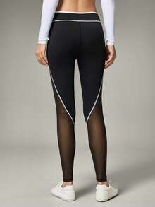Hanevo 女士撞色滚边修身拼接透视健身运动紧身裤 - 黑色 - 查看 2