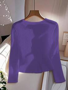 GlowEve Women's Fashion Business Solid Color Heart Neck Long Sleeve Casual T-Shirt - Violet Purple - View 2