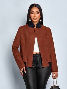 SOLERSUN Jaket Kantor Elegan Bergaris Cokelat untuk Wanita, Jaket Komuter Harian Musim Gugur, Kerah Tinggi Merah Bata, Kerah Kontras Bergaris Hitam, Kancing, Saku Palsu, dan Hem Berkerut - Rust Brown - View 4