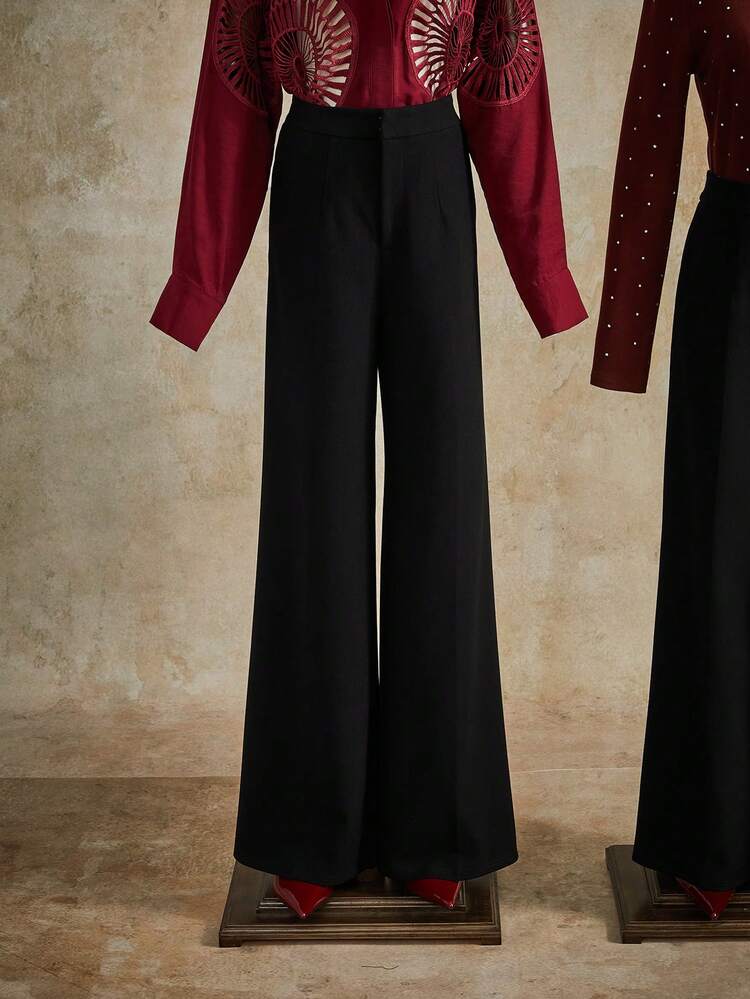 Elegant High-Waisted Textured Fabric Black Pocket Straight Leg Solid Color Pants For Women, Suitable For Fall, Winter, Summer, Spring, New Year, Party, Wedding, Elegant, Chic, Stylish, Business Casual, Going Out