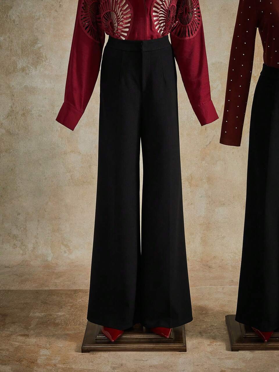 Elegant Black High-Waisted Textured Straight Leg Pants For Women,Business Casual Smart Office Trousers,Autumn Solid Color Pocket Chic Stylish Pants