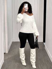 SHEIN Unity Women's V-Neck Long Sleeve Fluffy White Loose Casual Sweater - White - View 6
