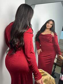 SHEIN Privé Plus Size Solid Color Draped Metal Ring Decor Elegant Long Sleeve Dress Red, New Year Dress For Women - Burgundy - View 2