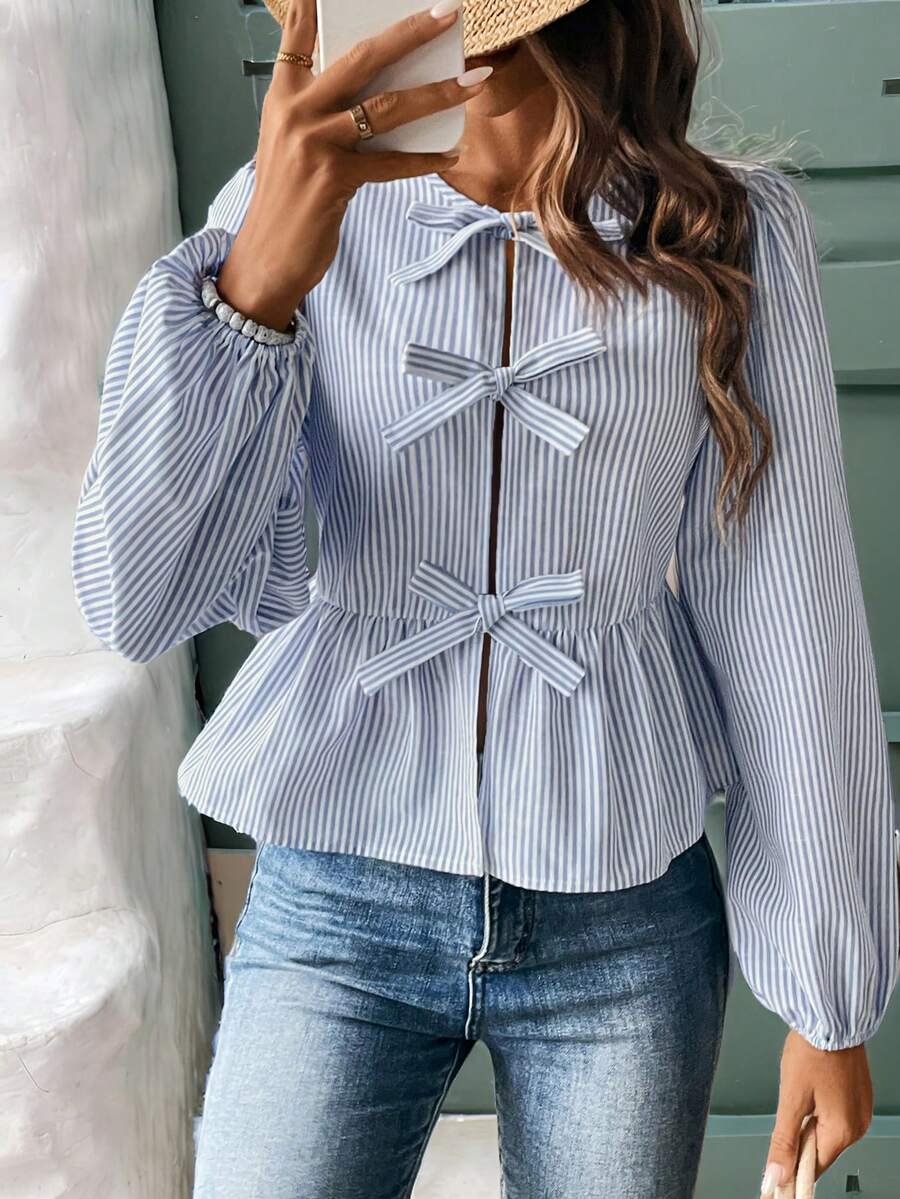 SHEIN Frenchy Breathable Comfortable Striped Cotton-Like Women's Shirt Winter - Blue and White - View 1