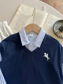 SHEIN 3 Stücke/Set Kleine Jungen Lässig Schulstil Langarm Hemd + ärmellose Weste + Hose mit Gummibund Outfit, geeignet für Herbst/Winter - Verschiedenfarbig - Übersicht 5