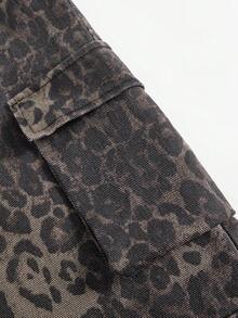 SHEIN Explorewe Tween Girls' Y2K Style Leopard Print Cargo Pants, Soft Washed Leopard Camouflage, Y2K Streetwear Fashion, Relaxed Fit With Accordion Pockets, Elastic Waist, Straight Leg, Cotton Denim Fabric, Suitable For Daily, Party, School, Commuting, Autumn/Winter New Arrival - Multicolor - View 4