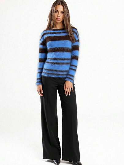 SHEIN BAE Suéter casual de mujer con bloques de color y rayas, para otoño, invierno, otoño e invierno para mujeres, Halloween, disfraz de Halloween para mujeres, Navidad, suéter navideño, Año Nuevo, Acción de Gracias, fiesta, fiesta, elegante, casual, suéter a rayas azul, suéter a rayas, suéter holgado a rayas, suéter cálido, suéter casual