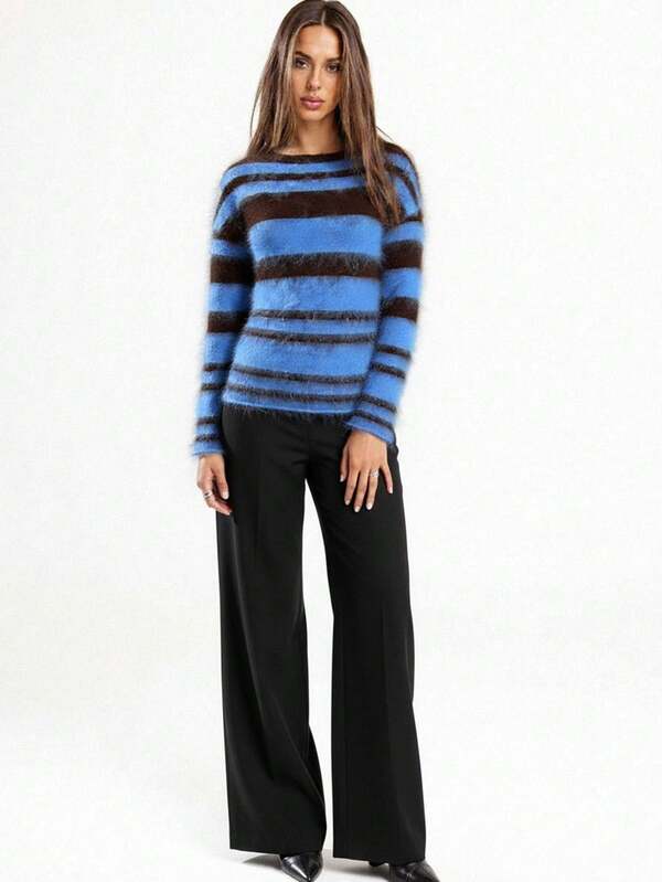 SHEIN BAE Women's Casual Colorblock Striped Sweater, Autumn,Winter,Women's Winter ,Fall For Women ,Autumn For Women ,Halloween , Women's Halloween Costume, Christmas,Christmas Sweater ,New Year ,New Year,Thanksgiving,Party ,Party ,Elegant ,Casual,Blue Striped Sweater, Striped Sweater, Loose Striped Sweater, Warm Sweater, Casual Sweater,