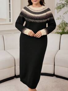 Modelyn Plus Size Casual Geometric Pattern Knit Dress, Autumn/Winter - Black - View 1