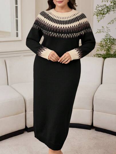 Modelyn Plus Size Casual Geometric Pattern Knit Dress, Autumn/Winter