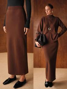 MOTF PREMIUM Chân váy len maxi cạp cao - màu nâu - Xem 2