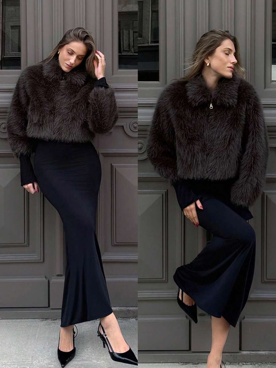 PREMIUM Women's Solid Color Long Sleeve Faux Fur Collar Elegant Jacket, Autumn/Winter - Coffee Brown - View 1