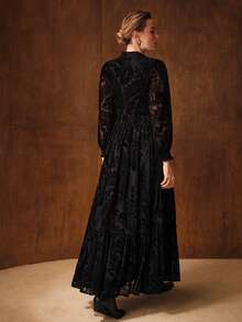 MOTF PREMIUM FLOCKING NOTCHED V NECK RUFFLE HEM DRESS