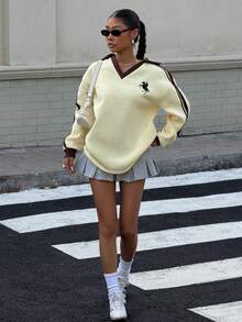 Muchica Women's Autumn/Winter Thermal-Lined Contrast Color Ribbon Embroidered Loose Polo Neck Sweatshirt For Going Out Outfits, Streetwear, Y2K Clothes