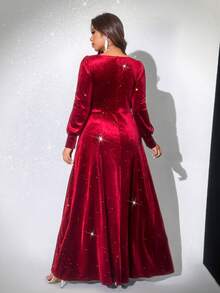 Viva Relle Đầm dạ hội thanh lịch, lãng mạn dành cho nữ cỡ lớn, cổ chữ V, tay dài, xếp ly, chất liệu nhung đính sequin, thích hợp cho năm mới, dạ hội, ngày lễ tình nhân. - Đỏ - Xem 2