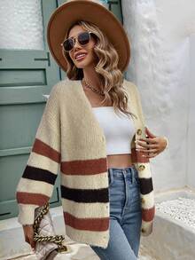 SHEIN Frenchy Women's Casual Contrast Color Button Front Dropped Shoulder Cardigan, Autumn/Winter,Sweaters For Women - Camel - View 3