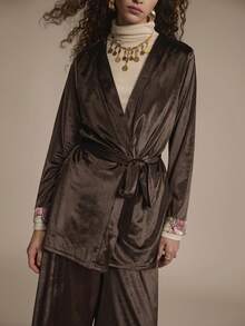 Chiquease 2pcs Women Casual Brown Patchwork Sleeve Jacket And Pants Set, Autumn Party Season - Brown - View 3