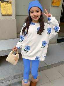 SHEIN Leap Crew 2pcs/Set Tween Girls Casual Vintage Floral Print Crew Neck Long Sleeve Sweatshirt And Leggings Set, Suitable For Autumn/Winter - Multicolor - View 2