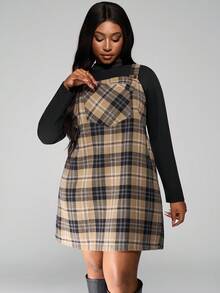 SHEIN PETITE CURVE Plus Size Loose Strap Button Pocket Plaid Casual Mini Dress Plus Size Fall Clothes Dresses For Women - Khaki - View 3