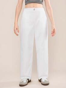 Tween Girl Casual Everyday Versatile Comfortable Solid Loose Straight Woven Pants - White - View 3