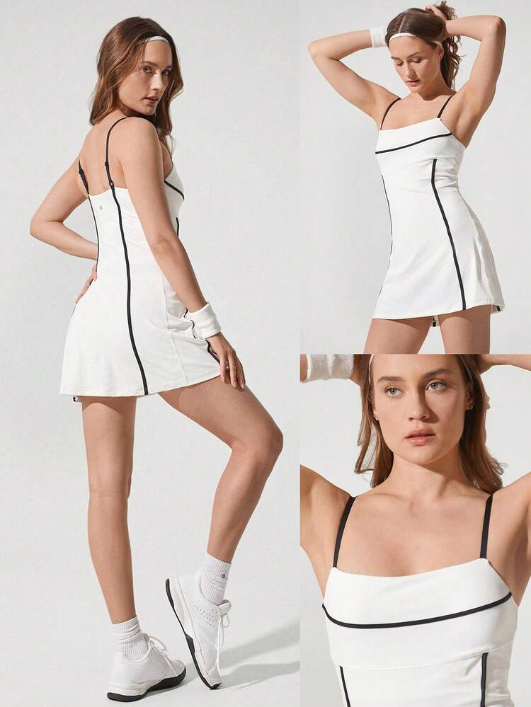 Quick-Dry Adjustable Spaghetti Strap Contrast Color A-Line Dress Low Impact Tennis Golf Pickleball Daily Casual Wear