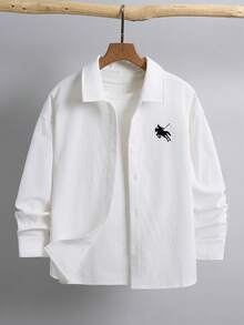 男童新款刺绣装饰白色修身长袖衬衫，返校衬衫，男童白色衬衫，带马刺绣图案的白色衬衫 - 白色 - 查看 8