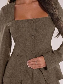 SHEIN BAE Distinctive Square Collar Design Office Blazer - Brown - View 8