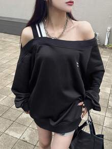 FRIFUL Damen Slogan Muster Off-Shoulder Langarm Lässiges Lose T-Shirt