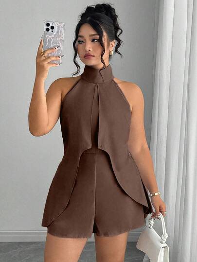 Elenzga Plus Size Women's Casual Solid Color Off-Shoulder Jumpsuit Brown Short Romper Coffee Brown Romper Chocolate Brown Romper Brown Romper Women Chocolate Brown Short Romper Chocolate Brown Dress Brown Short Dress Coffee Brown Dress Brown Sexy Dress