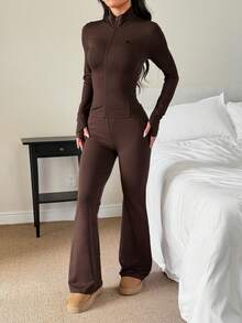 SHEIN PETITE 女士休闲纯色长袖上衣和喇叭裤套装，骑马图案印花，春夏款 - 棕色 - 查看 8