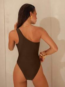 Swim Chiccia Fashion 2026 Women's Elegant Brown Sculpt Ribbed Knit One Shoulder One Piece Swimsuit, Tummy Control Slimming Monokini With Gold Metal Buckle Waist Detail, Casual Elegant Asymmetric Neck High Cut Cheeky Swimwear For Summer Vacation Beach Resort Wear, Holiday Outfits Pool Party Elegant Brown One Piece Bathing Suit For Women - Brown - View 2